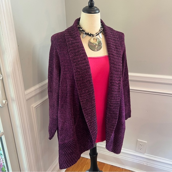 Catherines Women’s Long Open Cardigan Sweater 1X Plus Burgundy Shawl Knit Boho - Picture 2 of 7